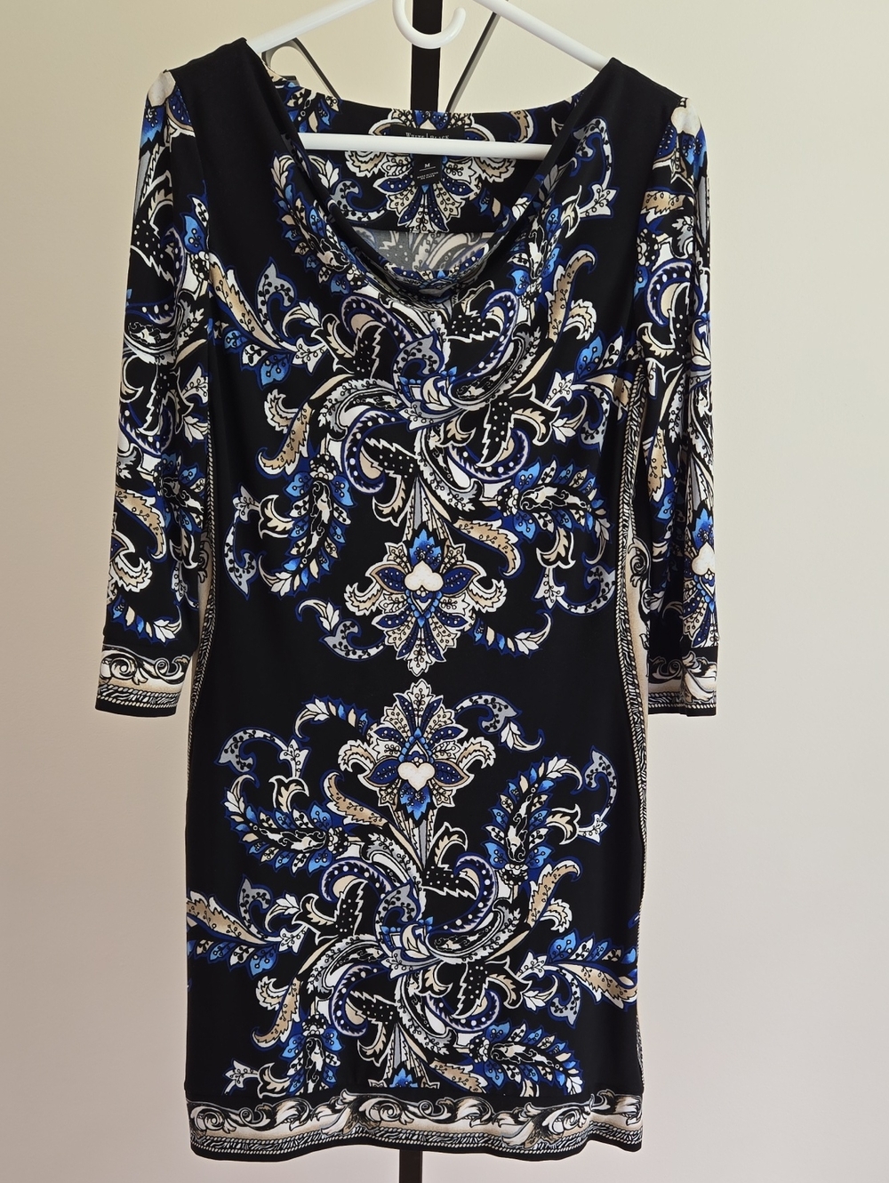 White House Black Market Black Paisley-Print Cowl Neck Long-Sleeve Dress